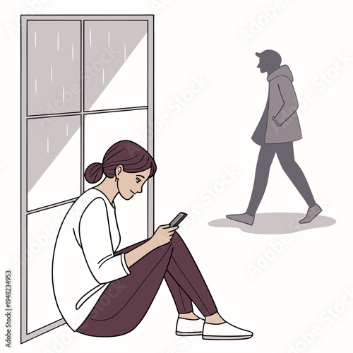 A woman sits on the floor by a window while another person walks by outside