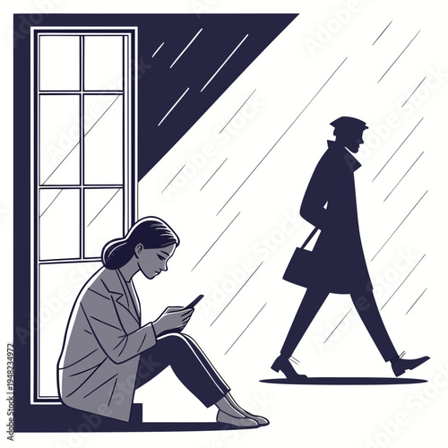 Woman sitting by window looking at phone while man walks by outside in rain