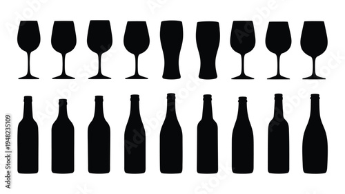 A detailed analysis of wine and beer glasses and bottles in a visually appealing black silhouette against a white background for a sophisticated look