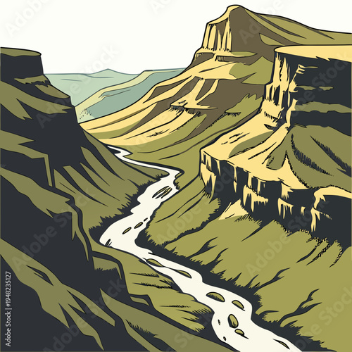 A river runs through a canyon with mountains