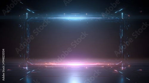 A futuristic neon-lit room with a glowing rectangular frame in the center
