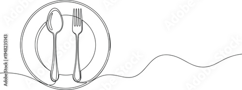 Continuous one line drawing of a plate with spoon and fork representing dining, restaurant menu, food service, and kitchen catering.