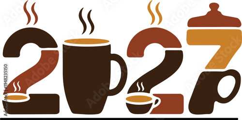 A creative graphic New Year 2027 formed from steaming hot coffee mug design.