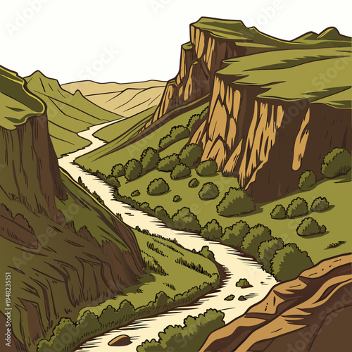 Canvas Print A river runs through a green canyon with steep cliffs
