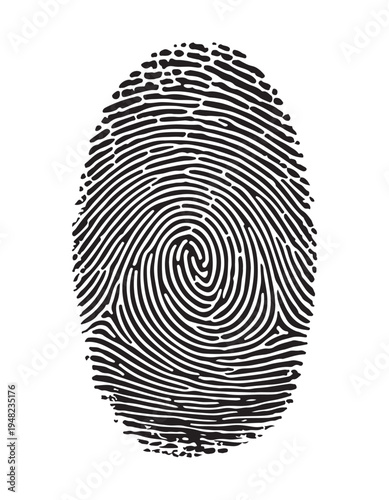 Isolated black flat vector fingerprint with detailed whorl pattern for security and identification purposes
