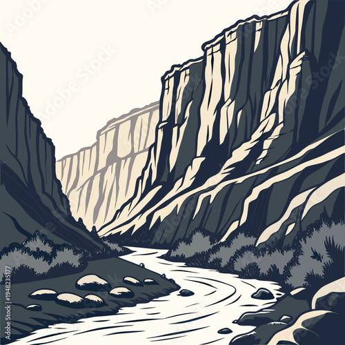 A river flowing through a canyon with steep cliffs