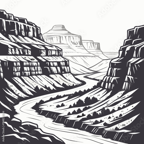 A black and white drawing of a canyon with a river running through it