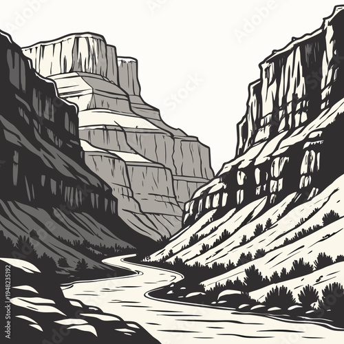 A black and white illustration of a canyon with a river running through it