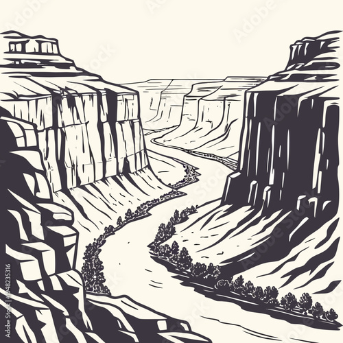 A black and white drawing of a river running through a canyon