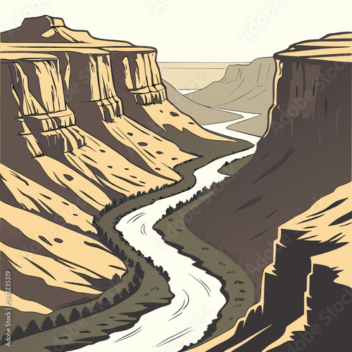 A river flowing through a canyon with steep cliffs