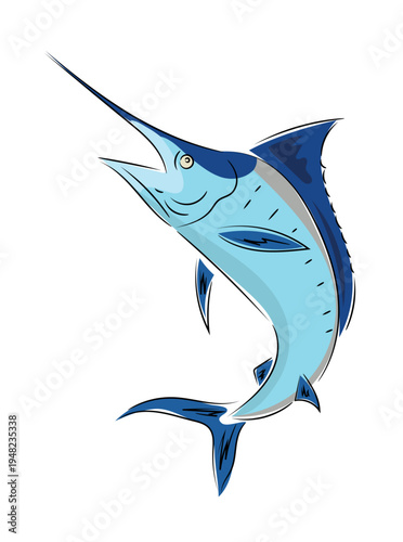 Image of jumping blue marlin, stylized flat vector illustration, sea sport fishing icon isolated on white background. Hand drawn, scribble.