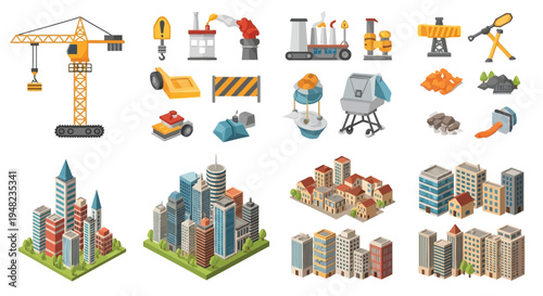 Isometric illustration of a bustling cityscape under extensive construction