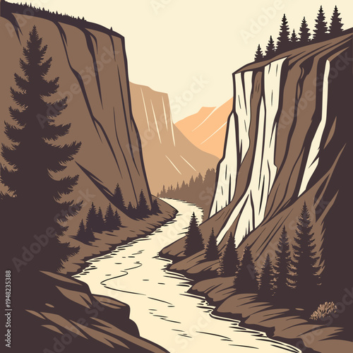 A river runs through a canyon with trees and cliffs