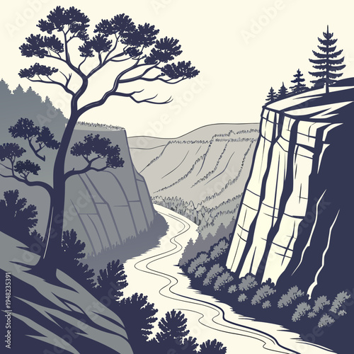 A scenic canyon with a river and trees