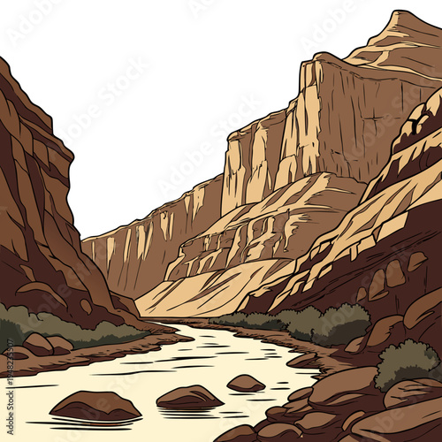 A river flowing through a canyon with large cliffs