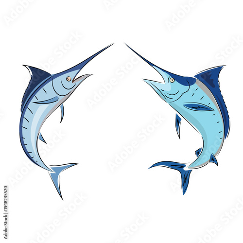 Image of jumping blue marlin, stylized flat vector illustration, sea sport fishing icon isolated on white background. Hand drawn, scribble.