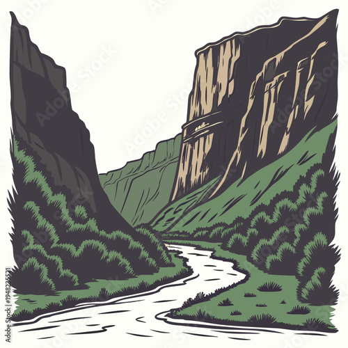 A river flowing through a scenic canyon with steep cliffs