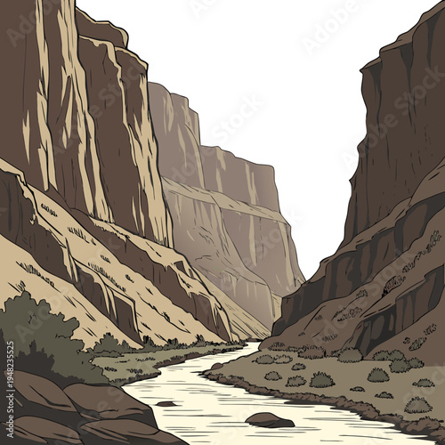 A river runs through a canyon with steep cliffs