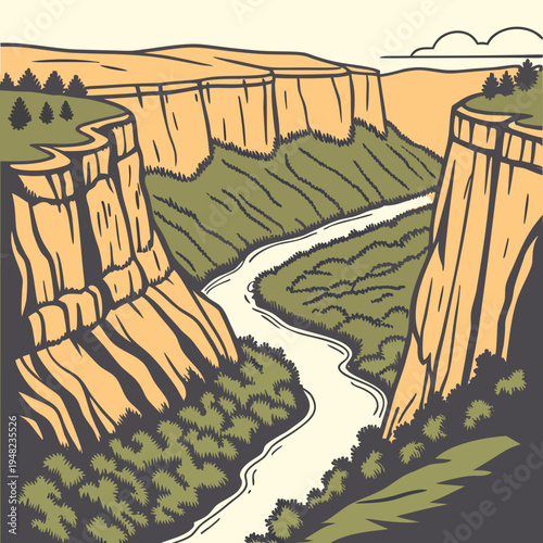 A river runs through a canyon with steep cliffs