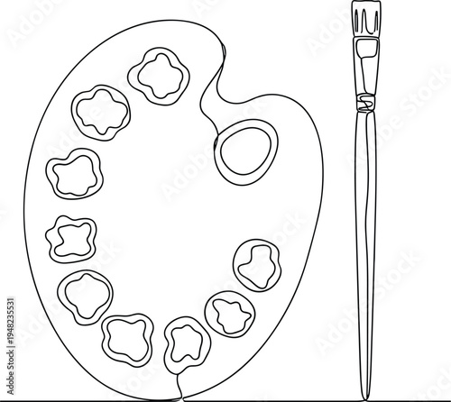 Continuous one line drawing of an art palette and paint brush representing creativity, artistic education, hobby painting, design, and craftsmanship.