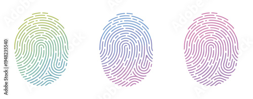 Three fingerprint icons with gradient colors green blue pink, modern design, isolated white background