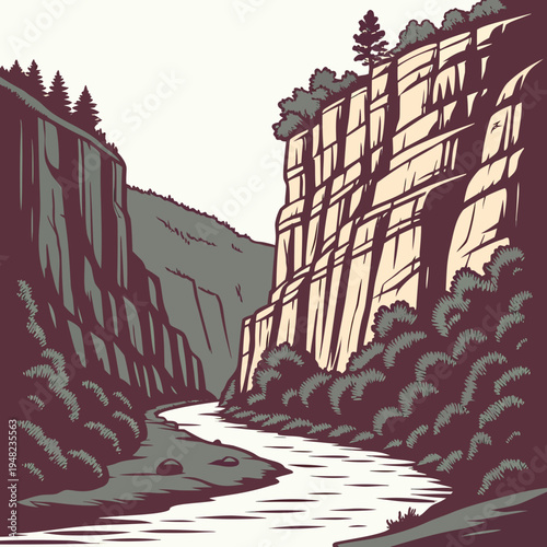 A river flowing through a canyon with steep cliffs