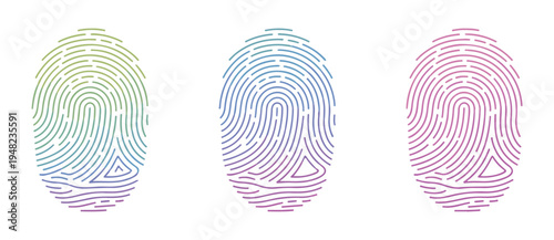 Abstract biometric fingerprint icons set with green blue and pink gradient colors on white background flat