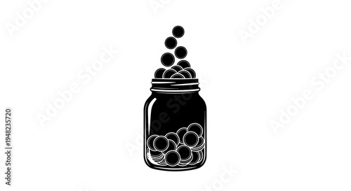 Black and White Illustration of Spheres in a Jar.