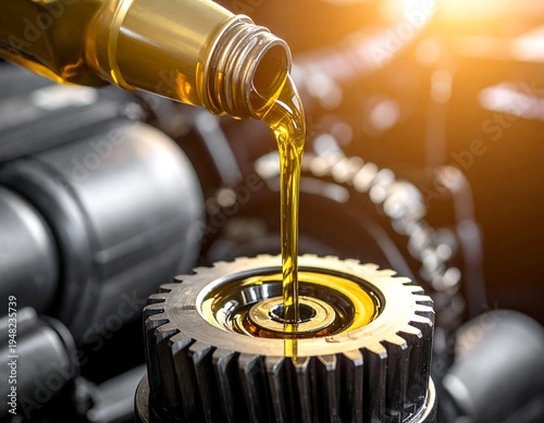Golden oil pours onto a gear against a dark engine background, with a bright light effect
