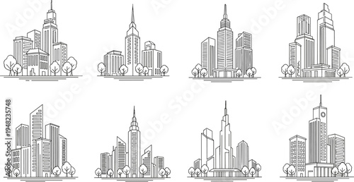 Set of minimalist city skyline line art illustrations featuring urban buildings, skyscrapers, and modern architecture for real estate and business.