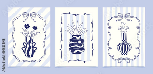 Halftone modern vases with flowers posters