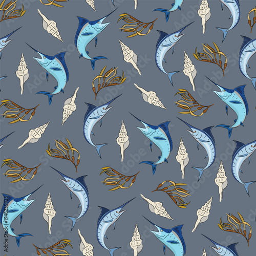 Seamless pattern sea with marlin, shells and seaweed. Flat vector background with sea life, swordfish and clam shells. Hand drawn, scribble.
