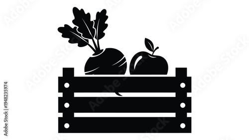 Black silhouette illustration of fresh vegetables and fruit in a wooden crate on white background for healthy eating and organic farming concepts