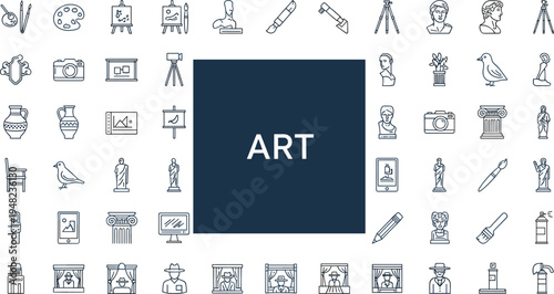 Art icons set for museum and gallery, vector line symbols of sculpture, painting, photography, theater, architecture, fine arts, creative tools