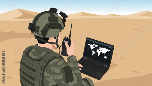 Desert military operations a soldier in camouflage uses a radio and laptop with a world map, a strategic vector illustration of global communication