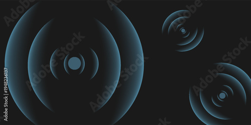 Abstract blue concentric circles ripple. Glowing blue rings. Minimalist abstract background. Dark abstract soud wave background.
