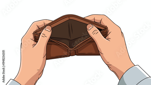 A clear vector illustration depicting an empty wallet held open in hands, symbolizing financial scarcity, debt, and urgent economic challenges