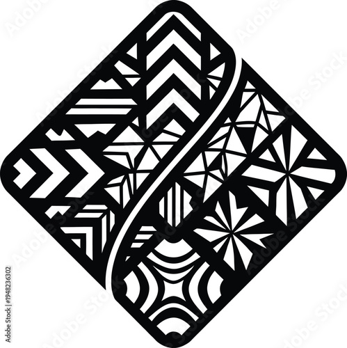 Modern geometric abstract black and white pattern in rounded diamond shape, intricate tribal design, graphic resource for art projects.