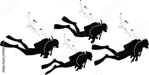 Scuba Diver Silhouettes Set, Underwater Snorkeling Vector Icons with Air Bubbles Isolated on White Background for Extreme Diving Sport Designs