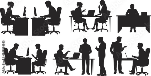 Business people working silhouette set, office teamwork meeting discussion, professional employees, computer desk, black vector illustration