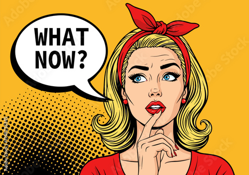 Puzzled retro pop art woman pondering 'what now?' with a speech bubble, an engaging vector illustration capturing contemplation and uncertainty