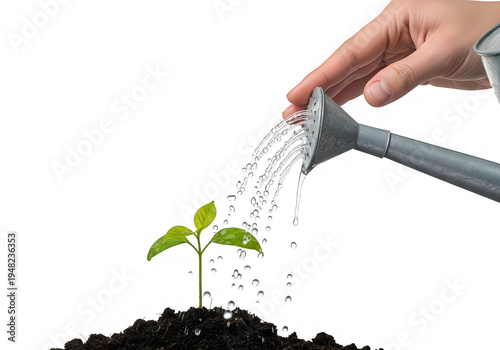 A hand watering a small green plant isolated on transparent background