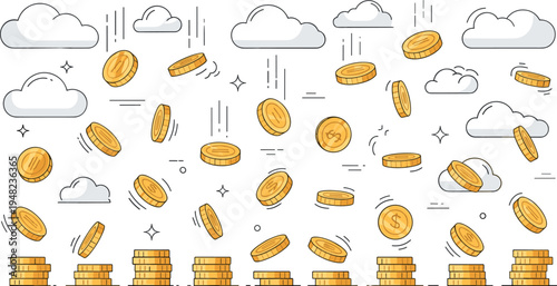 Falling gold coins with stacked money and clouds financial success wealth investment savings economy concept vector illustration