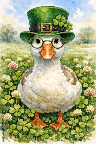 A goose stands charmingly amidst a field of clover, wearing a vibrant green hat adorned with shamrocks. Its round glasses add a whimsical touch