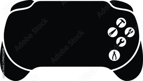 Minimalist gaming controller touchpad interface icons,
Simple black gaming controller touchpad with white interface icons, representing user controls, gestures, and navigation in a modern gaming envir