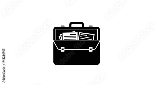 Black Briefcase Icon with Documents Inside on White Background.