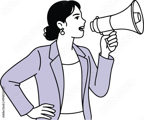 Woman speaking through megaphone, announcing news with confidence and determination