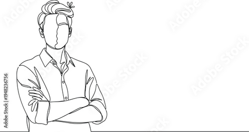 Continuous line drawing of confident man with arms crossed, male portrait, professional businessman, minimalist linear vector art illustration, successful person