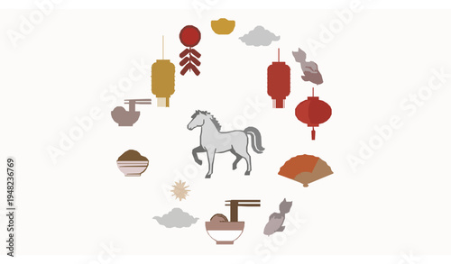 Chinese New Year 2026 Year of the Horse festive circular composition with lanterns fireworks koi fish and zodiac horse vector