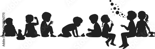Children playing sitting silhouette set, kids creative activities, bubbles and toys, joyful childhood moments, black vector illustration isolated